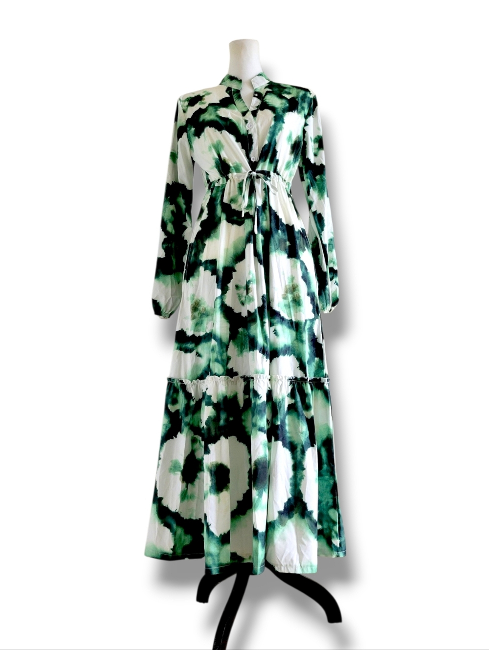 NWT Green/White Tie-Dye Floral Long Sleeve Boho Maxi Dress (SIZE S)